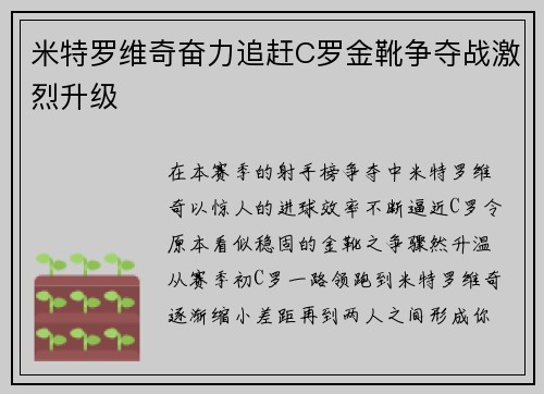 米特罗维奇奋力追赶C罗金靴争夺战激烈升级
